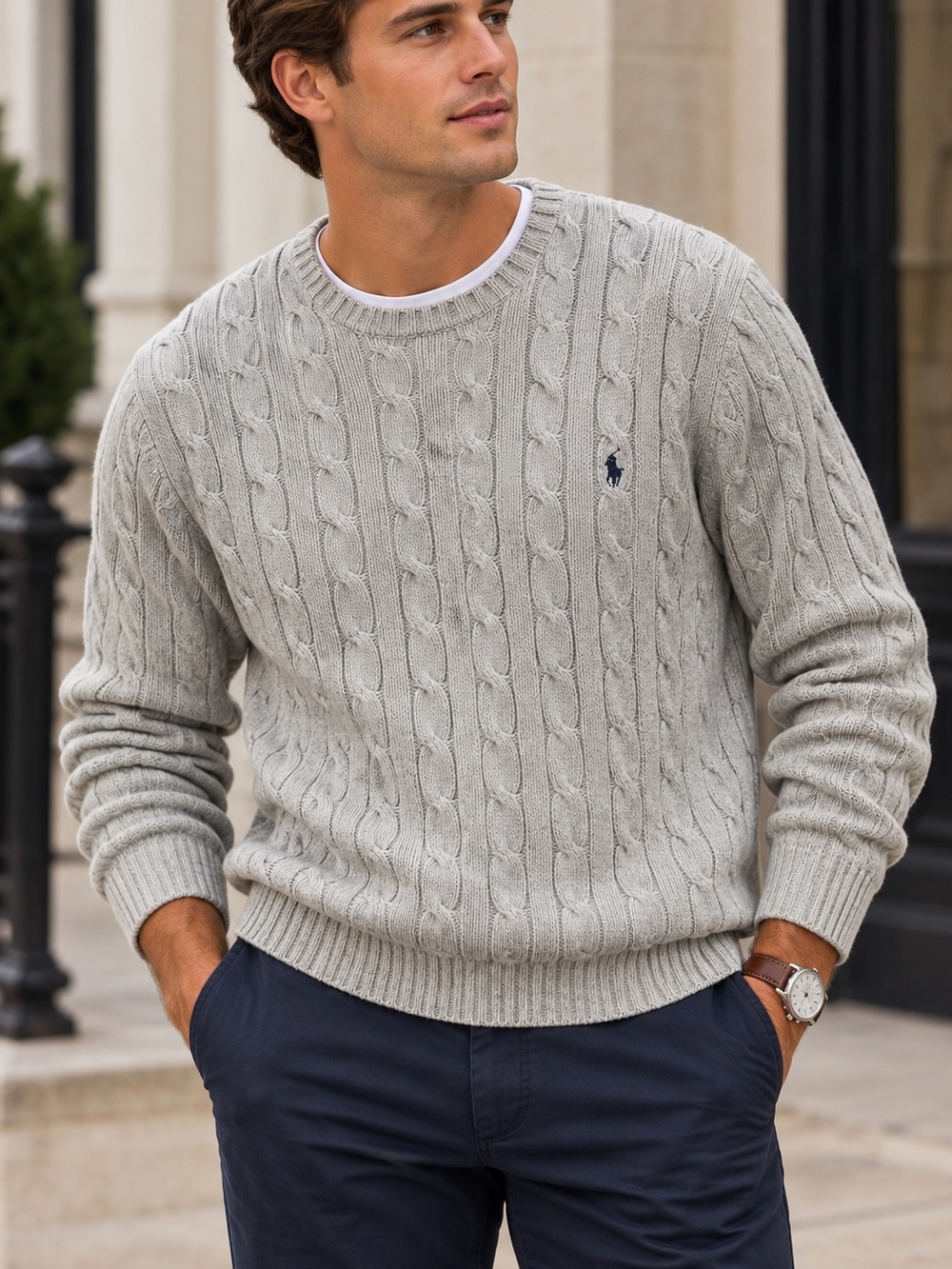 Vintage 90s Polo Ralph Lauren Cotton Cable Knit Gray Sweater Mens XL Pony Preppy